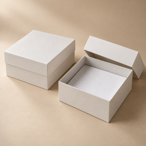 Illustrative AI concept of custom rigid gift boxes, blank and unbranded; illustrative AI concept, not a supplier sample