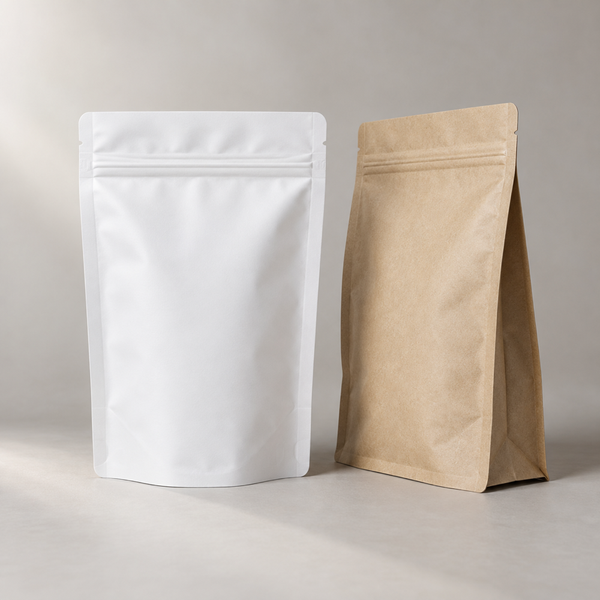 Illustrative AI concept of custom printed stand-up pouches, blank and unbranded; illustrative AI concept, not a supplier sample
