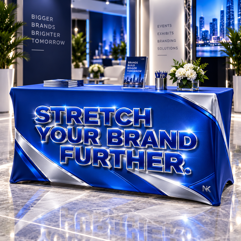 Artwork inspiration for a custom stretch table cover: Stretch Your Brand Further, blue and silver printed 3D effect. Illustrative setting; see original product photos for fit. Table and props not included.