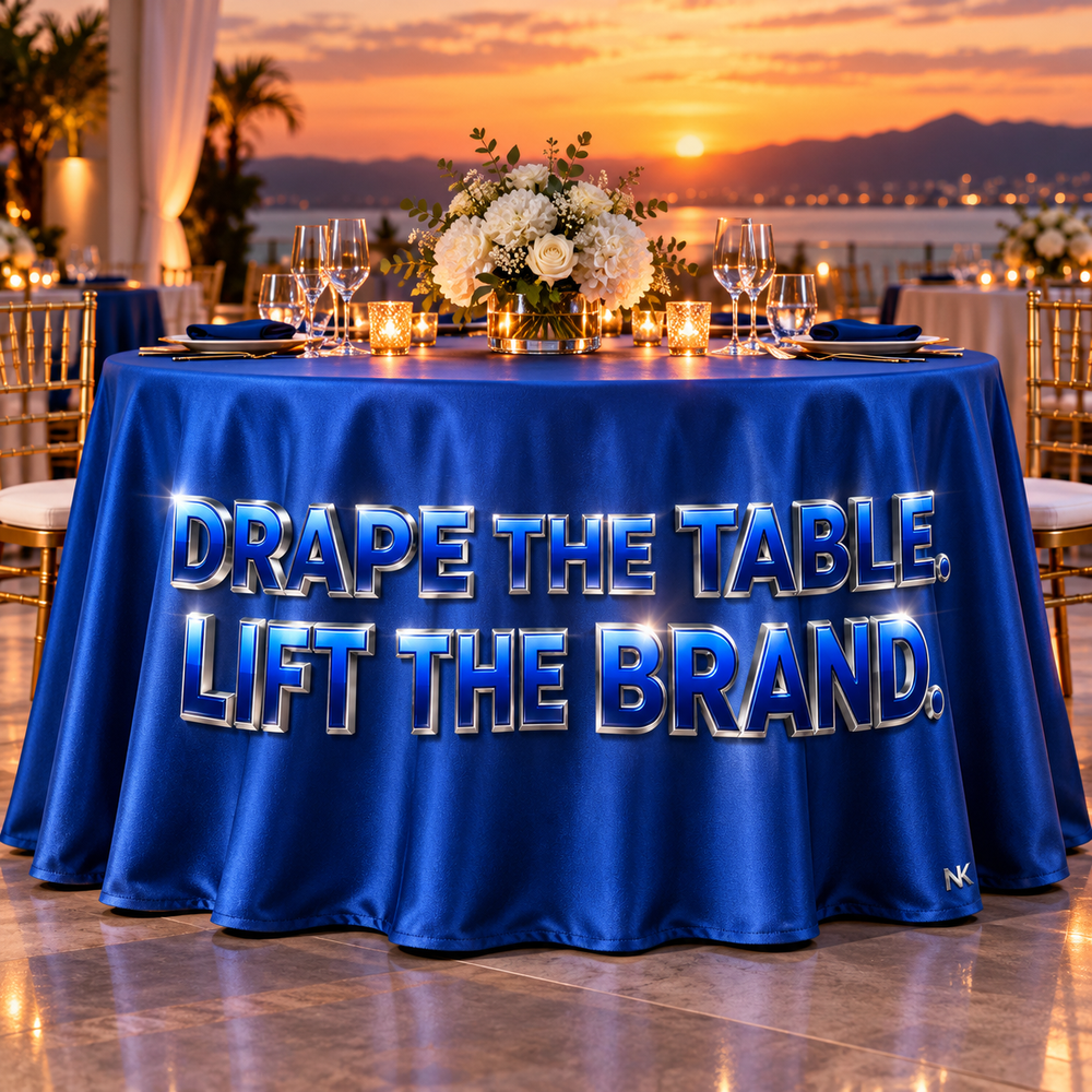 Illustrative customization for Premium Round Table Drape: Drape the Table, Lift the Brand. Blue draped fabric with printed silver and blue 3D-effect artwork. Table, chairs, tableware and decorations not included.