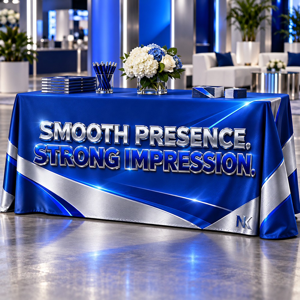 Illustrative customization for Premium Table Throw Wrinkle Free: Smooth Presence, Strong Impression. Blue and silver printed 3D-effect artwork on a draped cover. Table and props not included.