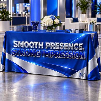 Illustrative customization for Premium Table Throw Wrinkle Free: Smooth Presence, Strong Impression. Blue and silver printed 3D-effect artwork on a draped cover. Table and props not included.