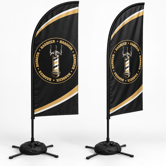 BARBEER Feather Flag Set | 2 Double-Sided Flags. AI-generated branding mockup; final proof approved before production.