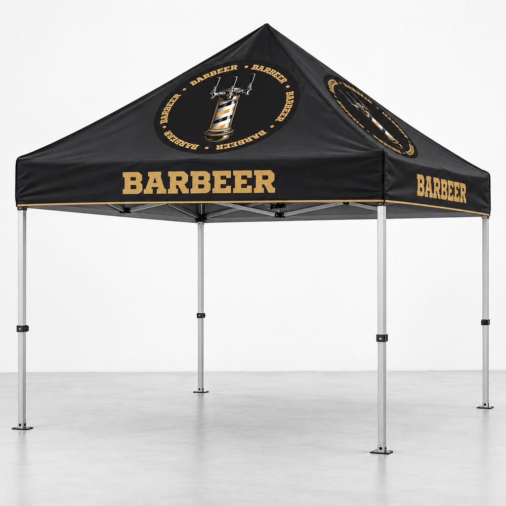 Carpa con marca BARBEER | 10 × 10 pies. Vista 1 del producto. Concepto ilustrativo creado con IA; el diseño final se confirma antes de producir.