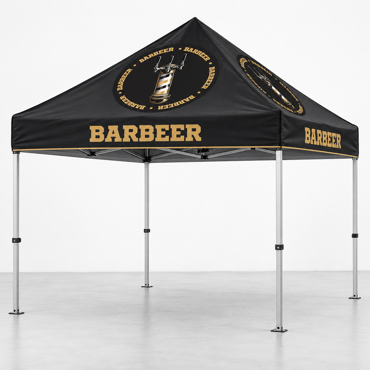 Carpa con marca BARBEER | 10 × 10 pies. Vista 1 del producto. Concepto ilustrativo creado con IA; el diseño final se confirma antes de producir.