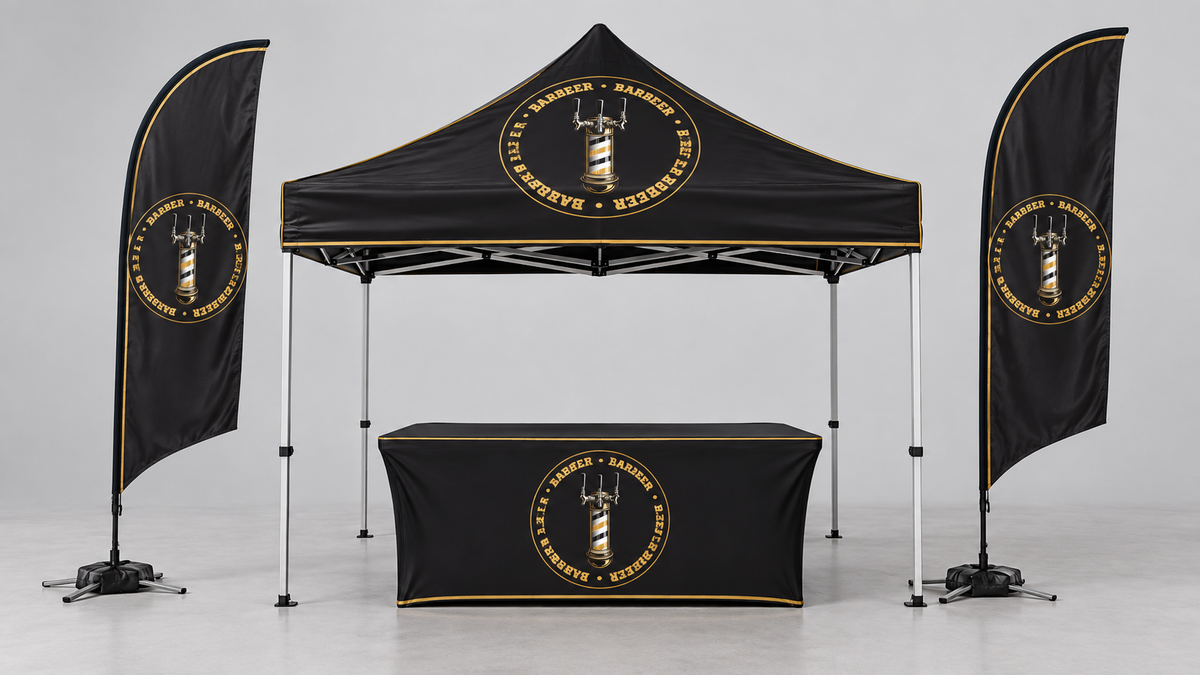 Kit completo de puesto para eventos BARBEER | Carpa + banderas + mantel. Vista 1 del producto. Concepto ilustrativo creado con IA; el diseño final se confirma antes de producir.