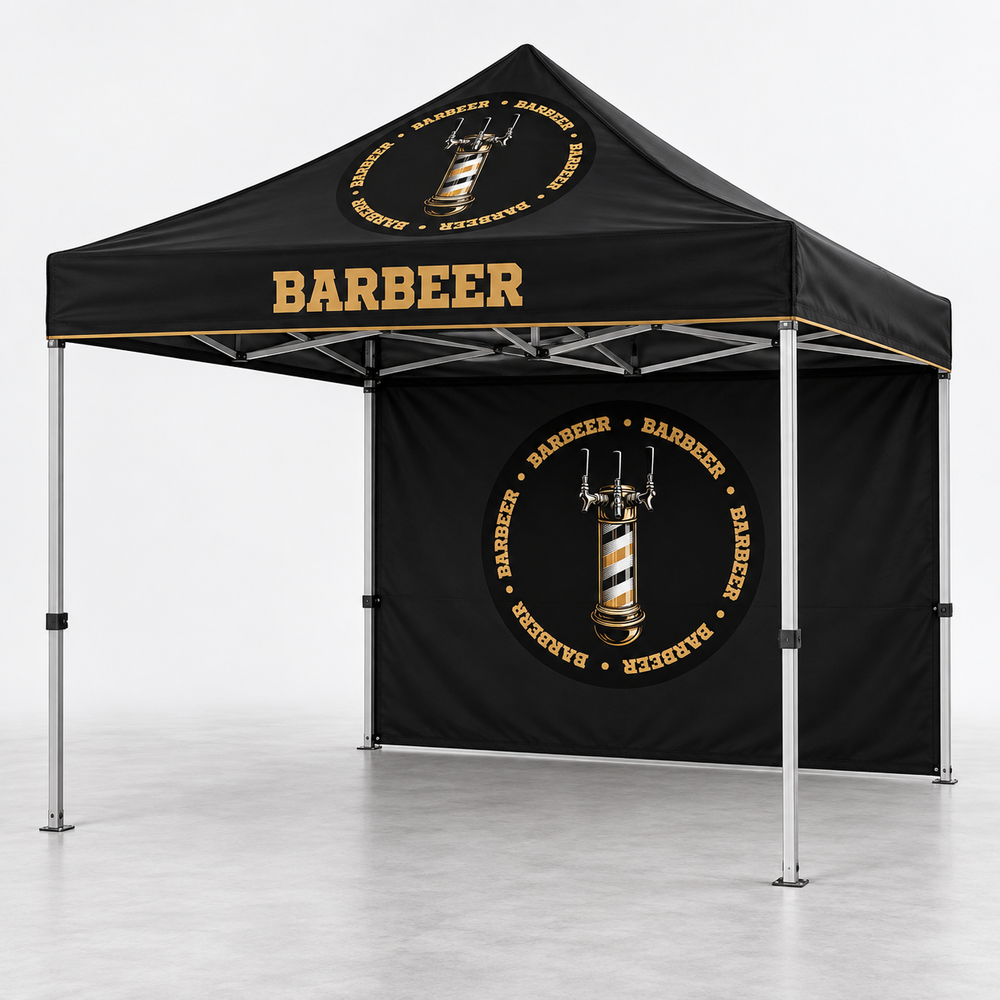 Carpa con pared posterior completa BARBEER | 10 × 10 pies. Vista 1 del producto. Concepto ilustrativo creado con IA; el diseño final se confirma antes de producir.