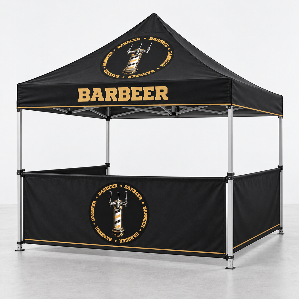 Puesto para eventos con medias paredes BARBEER | 10 × 10 pies. Vista 1 del producto. Concepto ilustrativo creado con IA; el diseño final se confirma antes de producir.