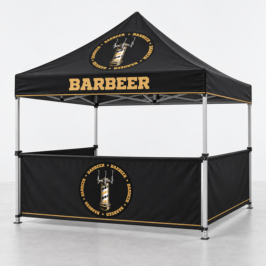 BARBEER Event Booth with Half Walls | 10 × 10 ft. AI-generated branding mockup; final proof approved before production.