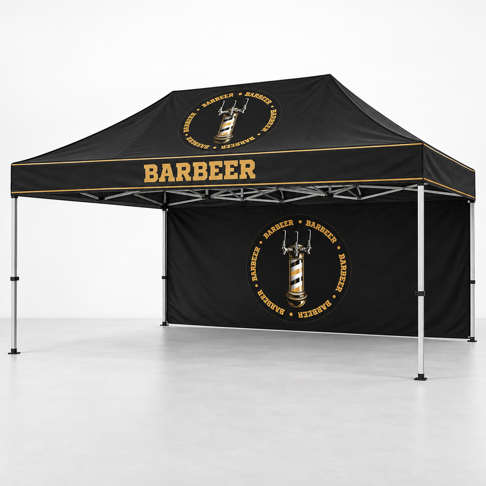 Carpa con pared posterior completa BARBEER | 10 × 15 pies. Vista 1 del producto. Concepto ilustrativo creado con IA; el diseño final se confirma antes de producir.