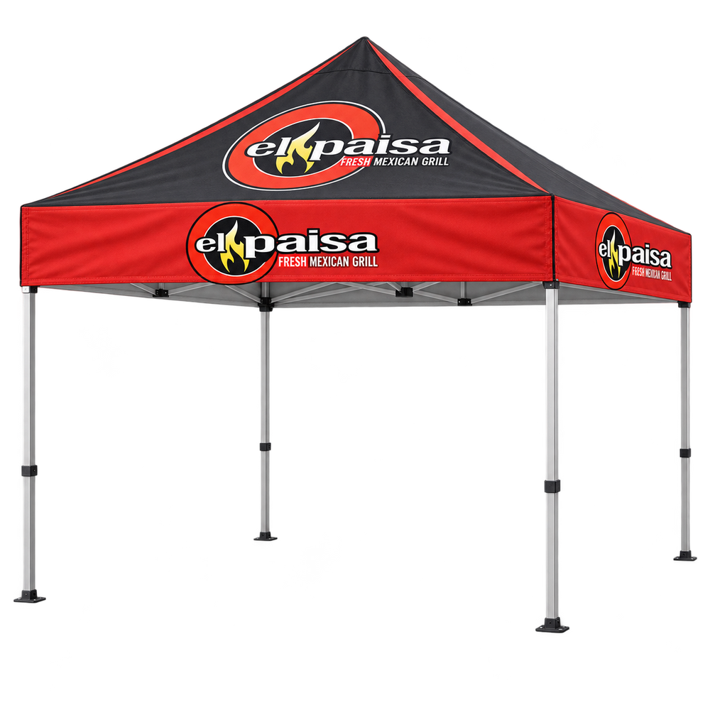 Carpa con marca El Paisa | 10 × 10 pies. Vista 1 del producto. Concepto ilustrativo creado con IA; el diseño final se confirma antes de producir.