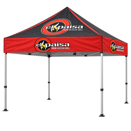 Carpa con marca El Paisa | 10 × 10 pies. Vista 1 del producto. Concepto ilustrativo creado con IA; el diseño final se confirma antes de producir.