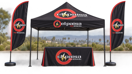 Kit completo de puesto para eventos El Paisa | Carpa + banderas + mantel. Vista 1 del producto. Concepto ilustrativo creado con IA; el diseño final se confirma antes de producir.
