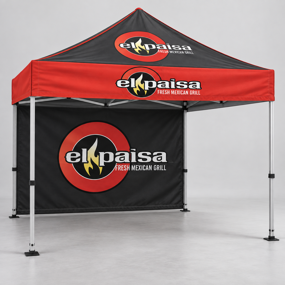 Carpa con pared posterior completa El Paisa | 10 × 10 pies. Vista 1 del producto. Concepto ilustrativo creado con IA; el diseño final se confirma antes de producir.