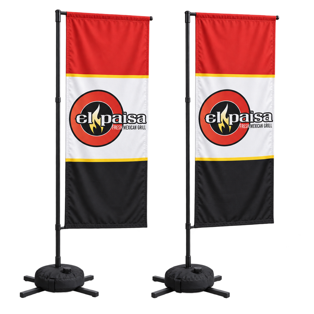 Conjunto de banderas rectangulares El Paisa | 2 banderas de doble cara. Vista 1 del producto. Concepto ilustrativo creado con IA; el diseño final se confirma antes de producir.