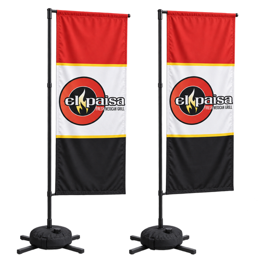 Conjunto de banderas rectangulares El Paisa | 2 banderas de doble cara. Vista 1 del producto. Concepto ilustrativo creado con IA; el diseño final se confirma antes de producir.