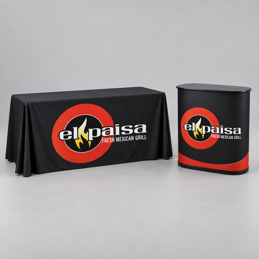 Kit de mantel y mostrador portátil El Paisa. Vista 1 del producto. Concepto ilustrativo creado con IA; el diseño final se confirma antes de producir.