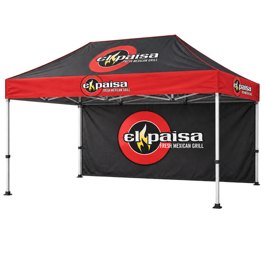 Carpa con pared posterior completa El Paisa | 10 × 15 pies. Vista 1 del producto. Concepto ilustrativo creado con IA; el diseño final se confirma antes de producir.