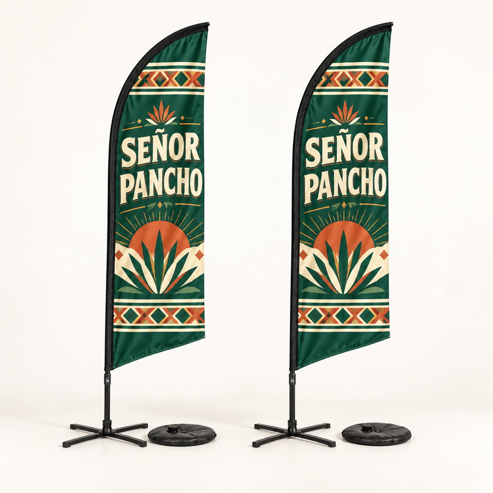 Señor Pancho Feather Flag Set | 2 Double-Sided Flags. AI-generated branded product mockup, square 1000 x 1000.