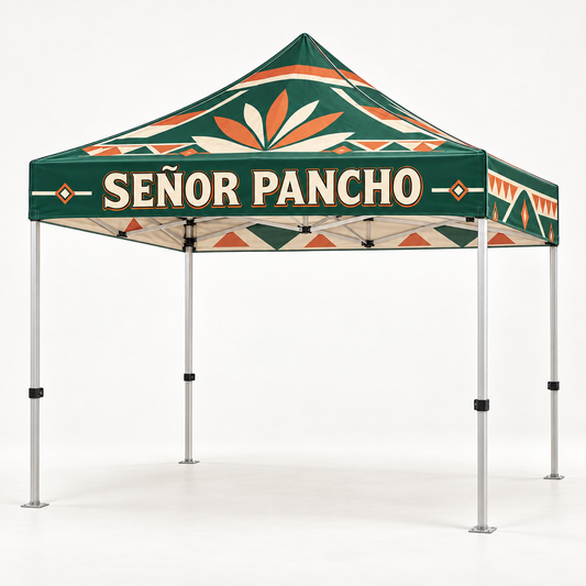 Carpa con marca Señor Pancho | 10 × 10 pies. Vista 1 del producto. Concepto ilustrativo creado con IA; el diseño final se confirma antes de producir.