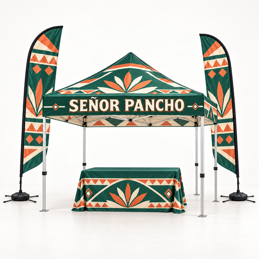 Kit completo de puesto para eventos Señor Pancho | Carpa + banderas + mantel. Vista 1 del producto. Concepto ilustrativo creado con IA; el diseño final se confirma antes de producir.