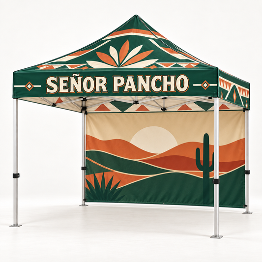 Carpa con pared posterior completa Señor Pancho | 10 × 10 pies. Vista 1 del producto. Concepto ilustrativo creado con IA; el diseño final se confirma antes de producir.