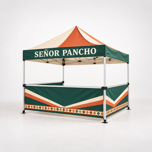 Puesto gastronómico con medias paredes Señor Pancho | 10 × 10 pies. Vista 1 del producto. Concepto ilustrativo creado con IA; el diseño final se confirma antes de producir.