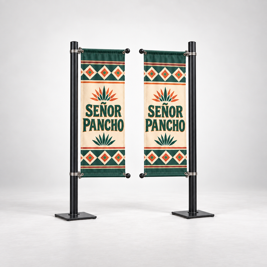 Señor Pancho Street Pole Banner Set | 2 Banners + Mounting Kits. AI-generated branded product mockup, square 1000 x 1000.