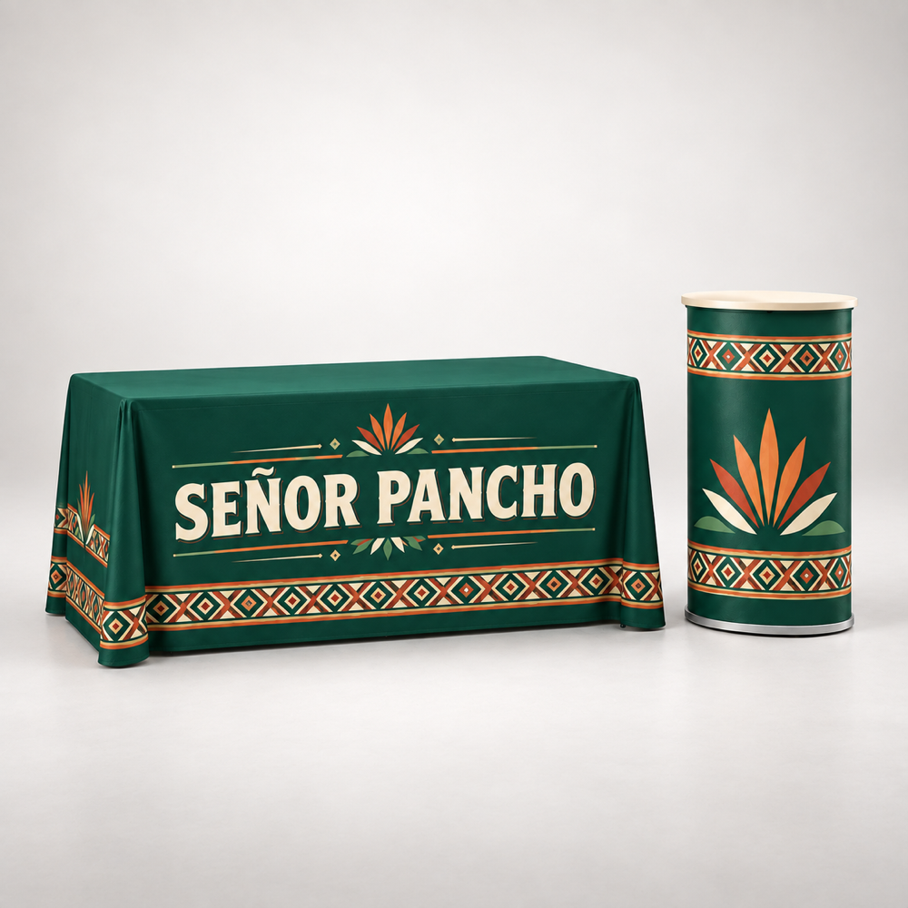 Señor Pancho Table Cover + Portable Counter Kit. AI-generated branded product mockup, square 1000 x 1000.
