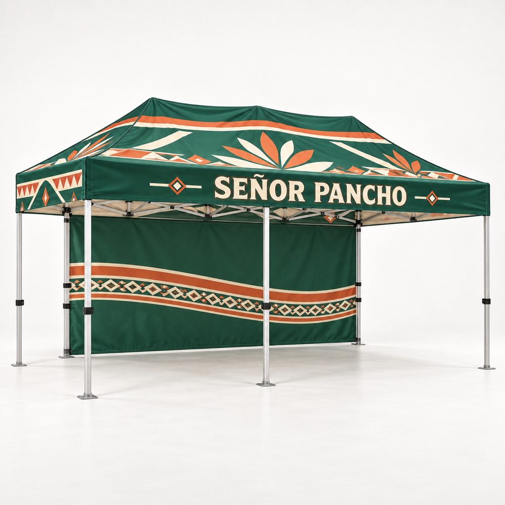 Señor Pancho Canopy with Full Back Wall | 10 × 15 ft. AI-generated branded product mockup, square 1000 x 1000.