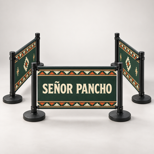 Señor Pancho Café Barrier Set | 3 Branded Panels. AI-generated branded product mockup, square 1000 x 1000.